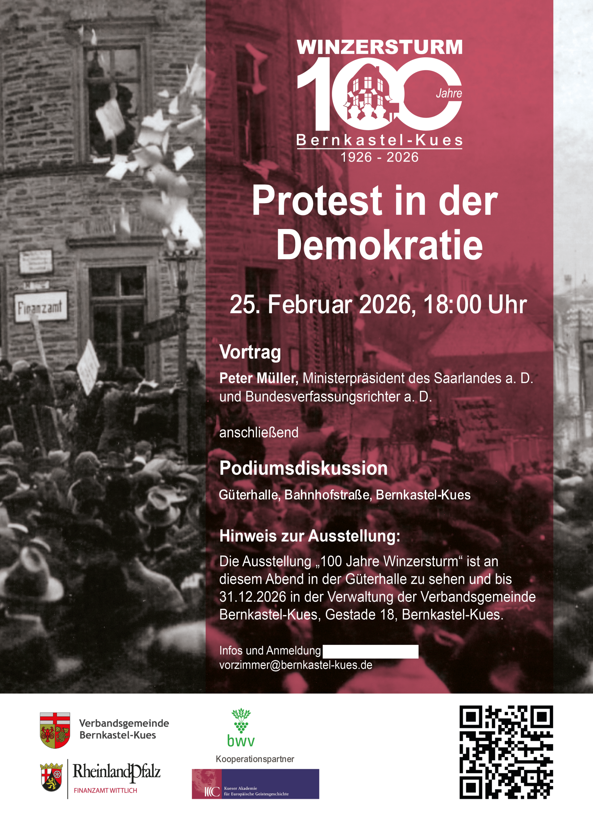 Plakat zur Veranstaltungsankündigung mit Foto des gestürmten Finanzamts Bernkastel vor 100 Jahre